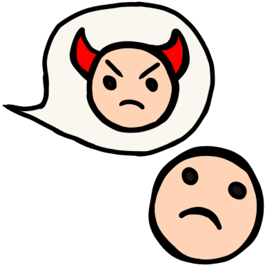 A person with light skin looking sadly up at a speech bubble coming from somewhere else. the speech bubble has a picture of them, but with added red horns and frowning, in it.